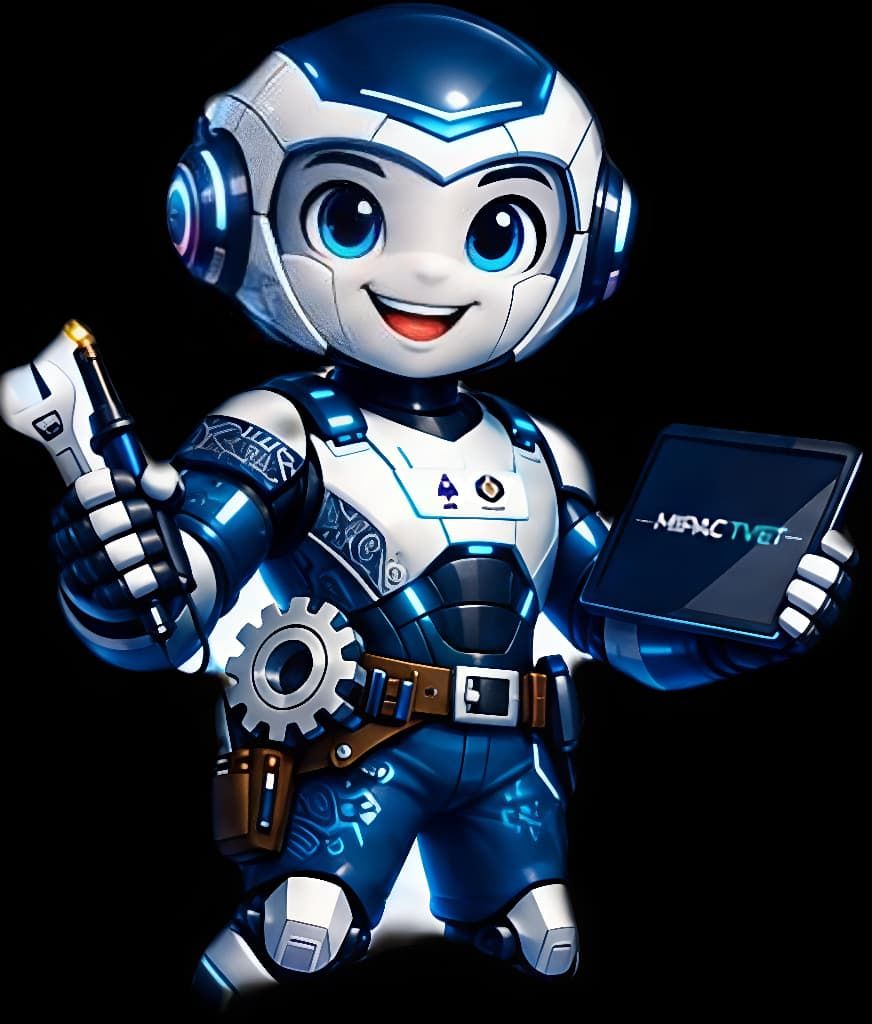 Maskot robot LX GEN memegang tablet